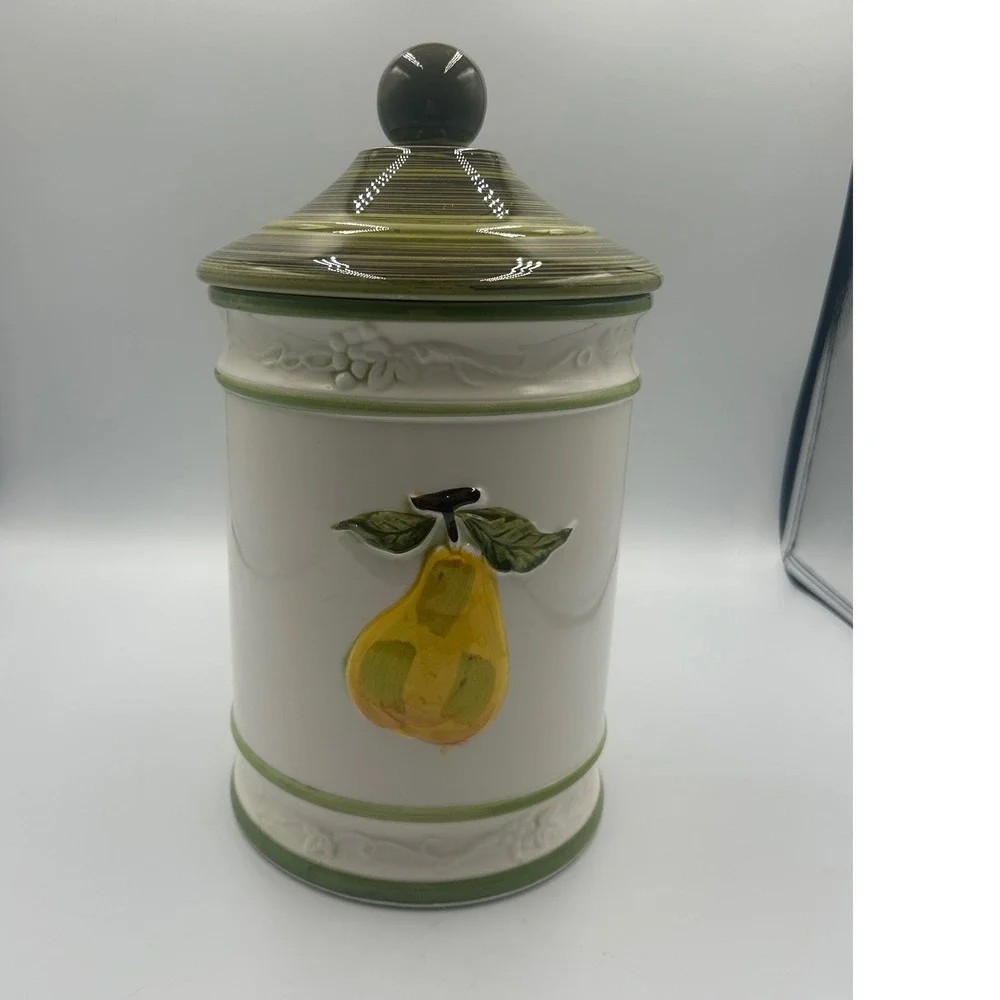 Ceramic Fruit Kitchen Canister with Lid Embossed Apple Pear White Green Trim